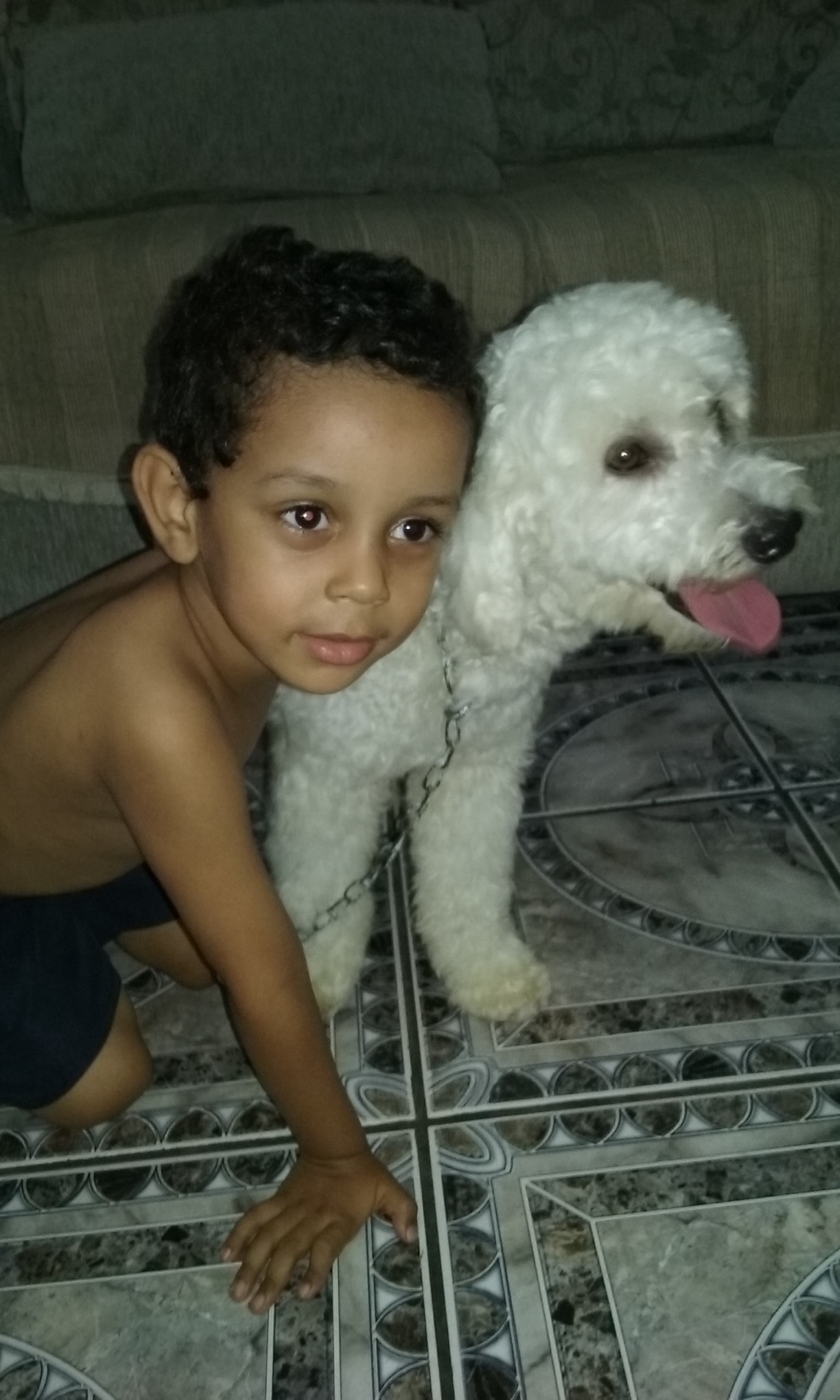 Roseli Pinheiro enviou uma foto do filho com o Bob, mas o cãozinho infelizmente fugiu. Agora, eles adotaram um pequeno que é misto de poodle e cocker.