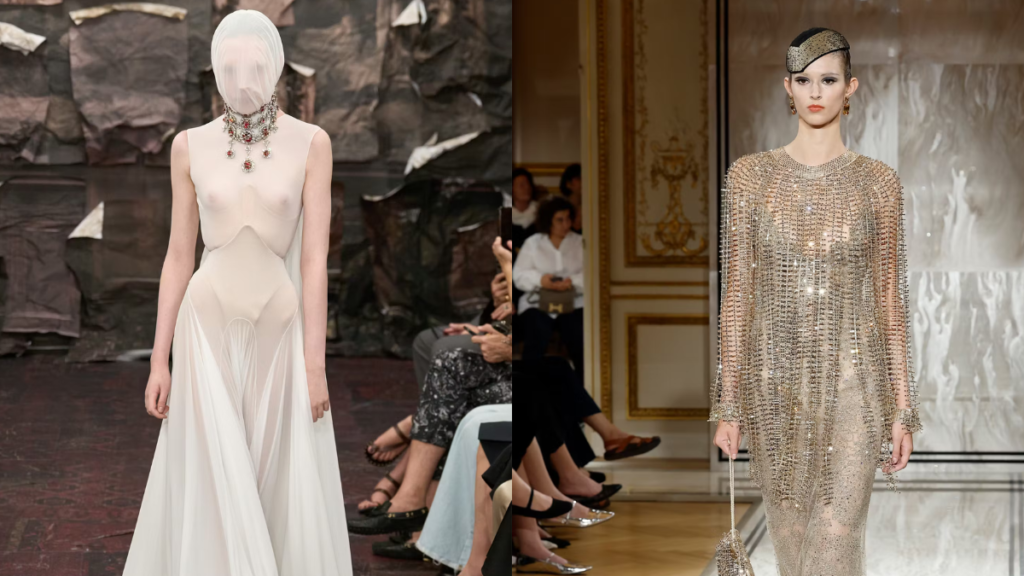 Modelos de Maison Margiela e Armani Privé durante desfile de alta costura da temporada de primavera de 2025 em Paris. Crédito: Reprodução/WMagazine.