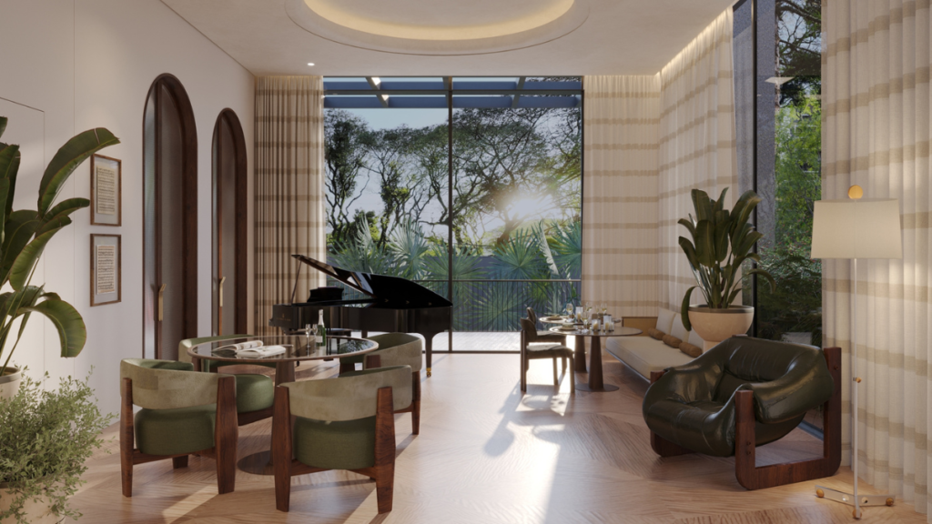 Lounge com piano, instrumento icônico na vida do compositor, é um dos espaços do edifício. Crédito: GT Building.